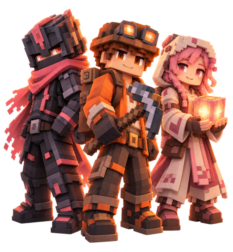 Three original KaFiCraft voxel adventurers